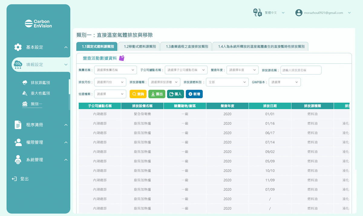 盤查計算公式,根據類別,進行逐筆填報登錄活動數據的紀錄,引用係數來進行計算,說明引用公式內容。